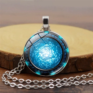 Stargate Atlantis Time Gem Pendant Necklace Alloy Glass Cabochon Galaxy Portal Pattern Long Chain Vintage Fashion Jewelry