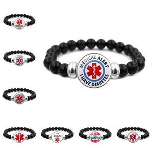 Medical Alert Diabetes Bracelet For Women Men Black Beads Glass Cabochon Emergency Information Elastic Wristband Jewelry