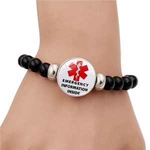 Diabetes medical alert bracelet with black beads and emergency information star of life