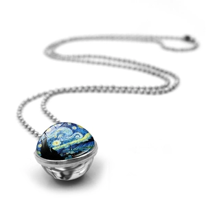 Collana con pendente a sfera in vetro bifacciale con dipinto Notte stellata di Van Gogh