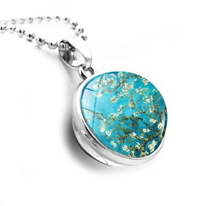 Collana con pendente in vetro Van Gogh Mandorlo in fiore e catena a sfere argentata