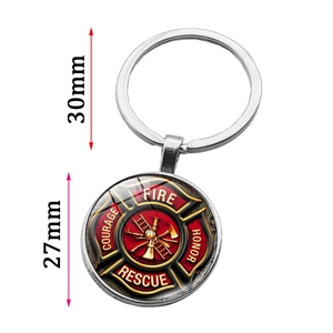 Firefighter rescue keychain with 30mm ring and red glass pendant showing fire rescue icons