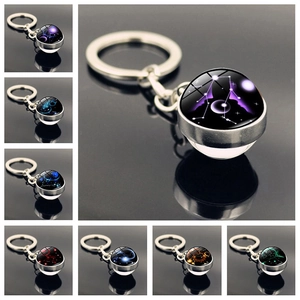 Zodiac Constellation Time Gem Keychain Double Sided Glass Ball Galaxy Pendant Zinc Alloy Key Ring For Women Bag Accessories Birthday Gift