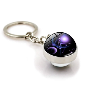 Glow-in-the-dark Libra zodiac metal keychain with double-sided glass ball and galaxy pattern