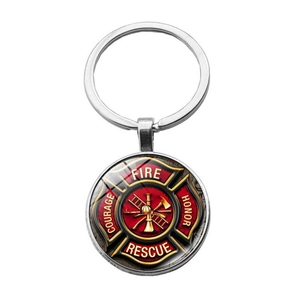 Detail of firefighter rescue glass cabochon keychain with silver metallic Maltese Cross logo