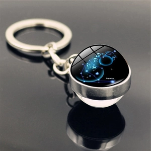 Detail macro view of double-sided glass ball keychain with Aquarius zodiac constellation