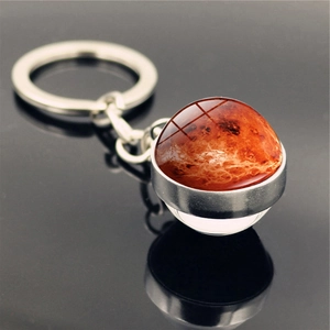 Detail view of solar system galaxy keychain with polished glass ball showing Mars texture