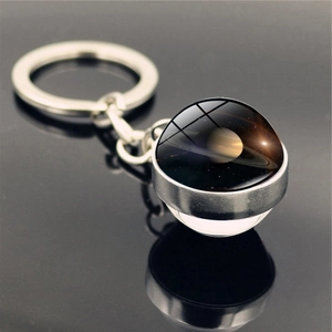 Detailed shot of Saturn glass ball keychain with silver metal ring on dark surface
