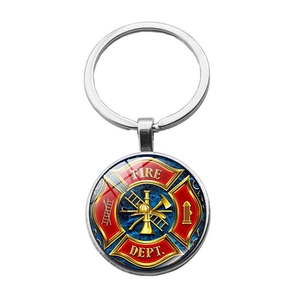 Detailed view of firefighting emblem keychain with Fire Dept glass cabochon