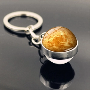 Macro view of Venus planetary glass ball keychain with silver metal base and reflections