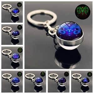Luminous 12 constellations crystal ball keychain with glow in the dark metal ring