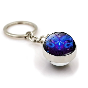 Luminous Aries constellation keychain with crystal glass ball and silver metal ring