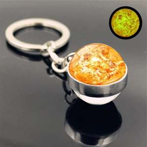 Detailed macro of glowing Jupiter planet keychain with polished silver alloy chain and base