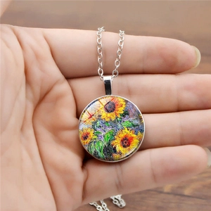 Collana con ciondolo rotondo artistico girasole Van Gogh con catena a maglie argento