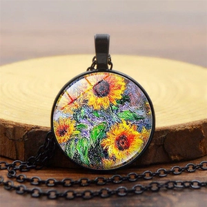 Collana con pendente in vetro con girasoli di Van Gogh e catena in metallo nero opaco