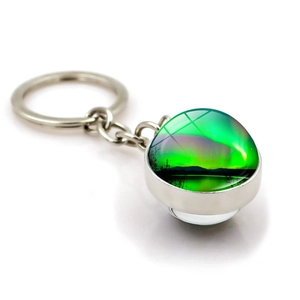 Northern Lights crystal glass ball keychain with bright silver metal ring and chain