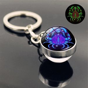 Detail of Cancer zodiac keychain showing the glowing green luminous glass ball and metal ring