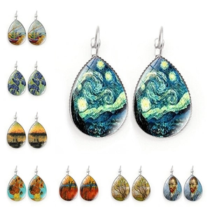 Vintage Van Gogh Oil Painting Teardrop Earrings Glass Alloy Art Jewelry Drop Earrings For Women Starry Night Sunflower