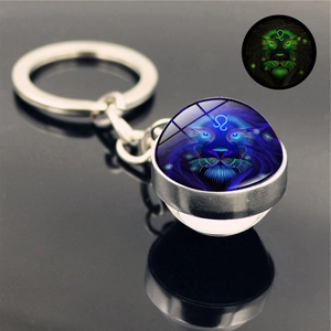 Detailed view of Leo zodiac keychain with glow in the dark crystal ball and metal ring