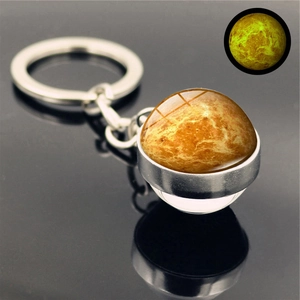 Macro shot of luminous planetary keychain with golden planet pattern and glow in the dark effect