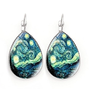 Detail of drop-shaped earrings with Van Gogh's Starry Night artwork in glass inlay