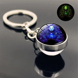 Glow-in-the-dark Virgo zodiac keychain with luminous crystal ball and silver metal ring