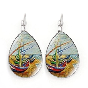 Detailed close-up of teardrop hook earrings with vintage starry night oil painting style