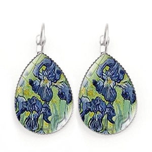 Detail view of silver drop earrings featuring Van Gogh's Irises artwork and lever-back hooks