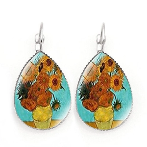 Detailed view of teardrop leverback earrings featuring Van Gogh's Sunflowers art