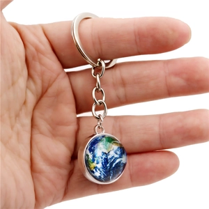 Luminous Earth crystal ball keychain with double-sided galaxy glass pendant on metal ring