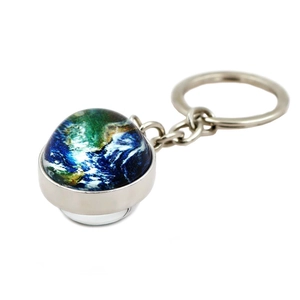 Luminous Earth galaxy planet keychain with double-sided glass crystal ball pendant