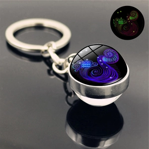 Detailed view of luminous zodiac keychain featuring glowing glass sphere and metal ring
