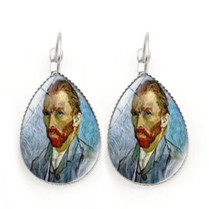 Close-up of Van Gogh self-portrait glass teardrop earrings with silver alloy hooks