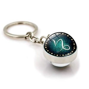 Capricorn luminous glass ball keychain with silver alloy ring and sparkling stars pendant