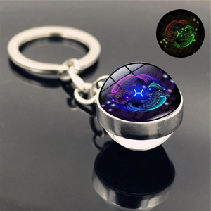 Luminous 12 Zodiac Keychain Pendant Glow In The Dark Zinc Alloy Glass Ball Constellation Keyring For Men Women Birthday Gift