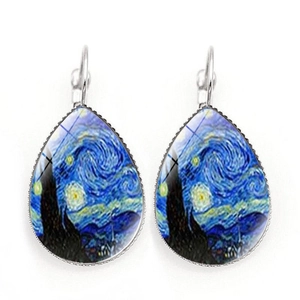 Detail view of water-drop earrings featuring Van Gogh's Starry Night on silver alloy base