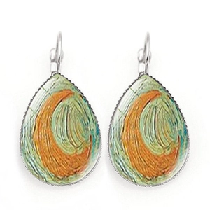 Detailed view of silver teardrop earrings featuring Van Gogh Starry Night art patterns