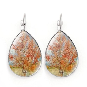 Van Gogh Starry Sky style teardrop earrings with orange tree art oil painting design