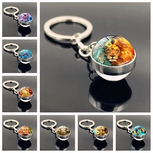 Zodiac Constellation Time Gem Metal Keychain Double Sided Glass Ball Starry Sky Zinc Alloy Key Ring Gift Accessories