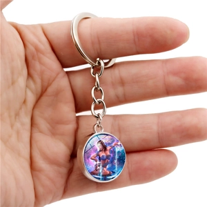 Aquarius zodiac double-sided glass ball keychain with purple nebula and silver metal ring