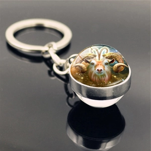 Macro shot of silver Aries zodiac keychain featuring a glass dome with ram illustration
