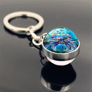 Macro detail of Cancer zodiac keychain with double-sided glass ball and nebula art
