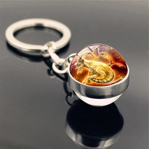 Macro shot of Capricorn zodiac pendant with silver metal ring and double-sided glass sphere