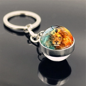 Detailed macro view of a Leo zodiac double-sided glass ball keychain with metal ring