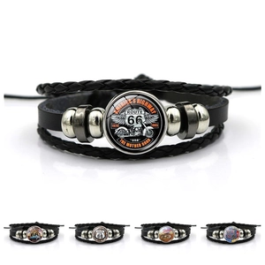 Retro Route 66 Multi-layer Leather Bracelet Punk Rock Glass Time Gem Alloy Braided Adjustable Hand Chain Jewelry For Men Women