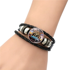 Vintage Route 66 glass cabochon multilayer black leather braided bead bracelet