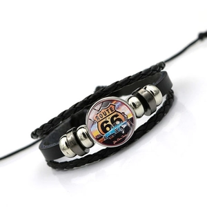 Classic Route 66 multi-layer braided leather bracelet with vintage car glass dome charm