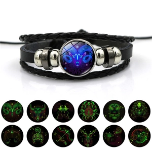 Bracelet Vintage Punk en Similicuir Tressé Multi Couches Signe du Zodiaque Lumineux Brille dans le Noir Alliage Verre Bijoux