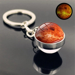 Macro view of glowing planet keychain with Venus pattern and luminous effect in the dark