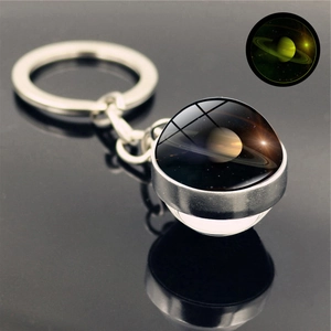 Glow-in-the-dark Saturn glass pendant keychain with silver metal ring and yellow-green light